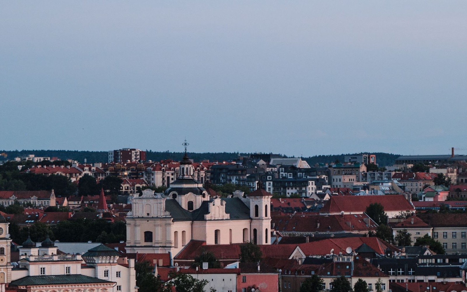 The historic rooftops and church towers of Vilnius